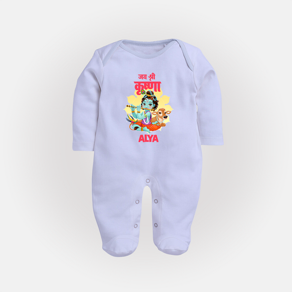Jai Shri Krishna Sleep Suit / Full Sleeve Bodysuit | Personalized Sleep Suit / Full Sleeve Bodysuit for Krishna's Blessings - BABY BLUE - New Born (Chest 7.5")