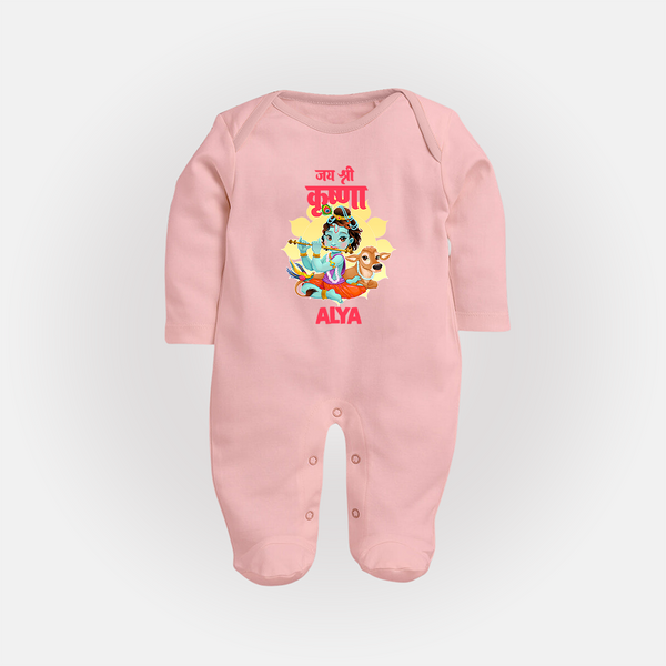 Jai Shri Krishna Sleep Suit / Full Sleeve Bodysuit | Personalized Sleep Suit / Full Sleeve Bodysuit for Krishna's Blessings - BABY PINK - New Born (Chest 7.5")