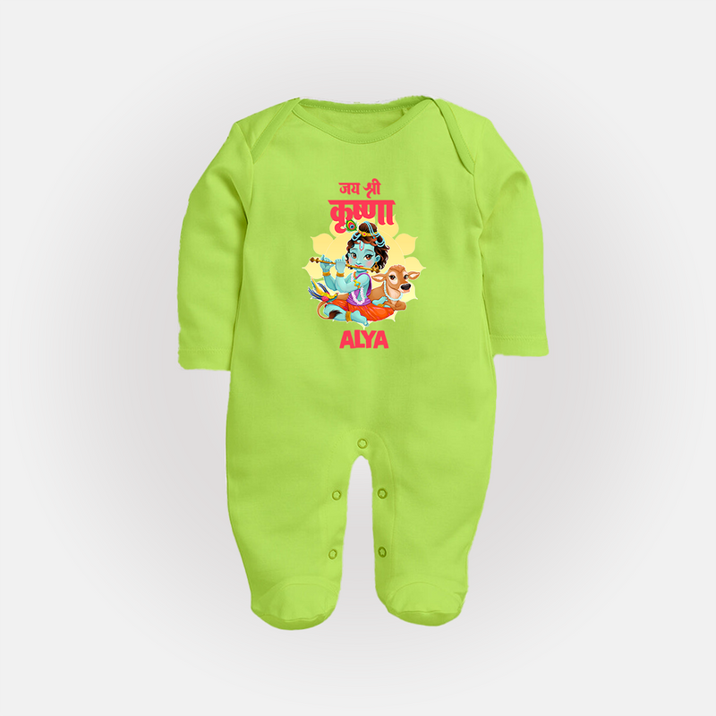 Jai Shri Krishna Sleep Suit / Full Sleeve Bodysuit | Personalized Sleep Suit / Full Sleeve Bodysuit for Krishna's Blessings - LIME GREEN - New Born (Chest 7.5")