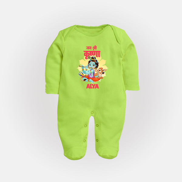 Jai Shri Krishna Sleep Suit / Full Sleeve Bodysuit | Personalized Sleep Suit / Full Sleeve Bodysuit for Krishna's Blessings - LIME GREEN - New Born (Chest 7.5")