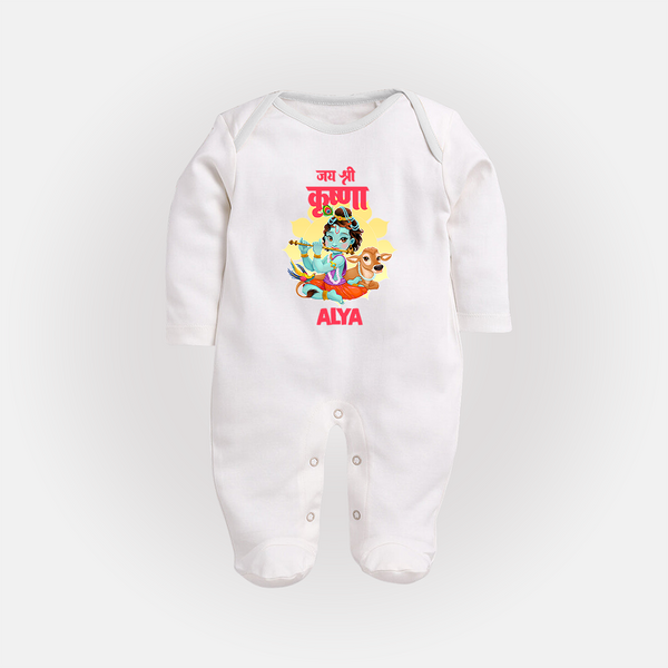 Jai Shri Krishna Sleep Suit / Full Sleeve Bodysuit | Personalized Sleep Suit / Full Sleeve Bodysuit for Krishna's Blessings - WHITE - New Born (Chest 7.5")