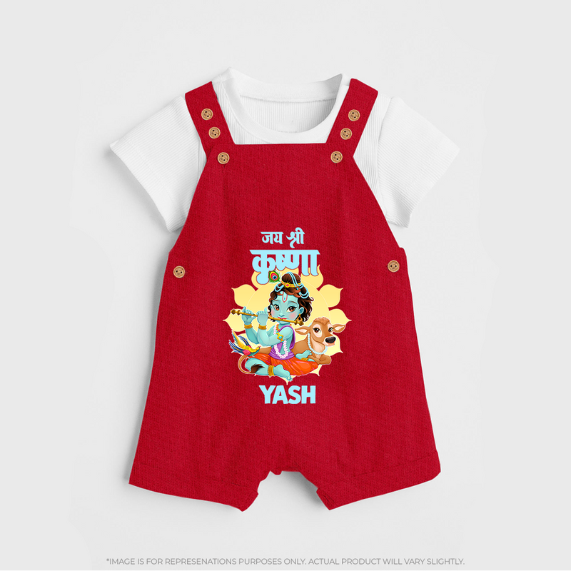 Jai Shri Krishna Dungaree Set | Personalized Dungaree Set for Krishna's Blessings - RED - 0 - 5 Months Old (Chest 18")