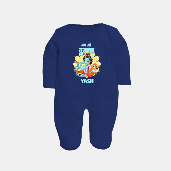 Jai Shri Krishna Sleep Suit / Full Sleeve Bodysuit | Personalized Sleep Suit / Full Sleeve Bodysuit for Krishna's Blessings - NAVY BLUE - New Born (Chest 7.5")