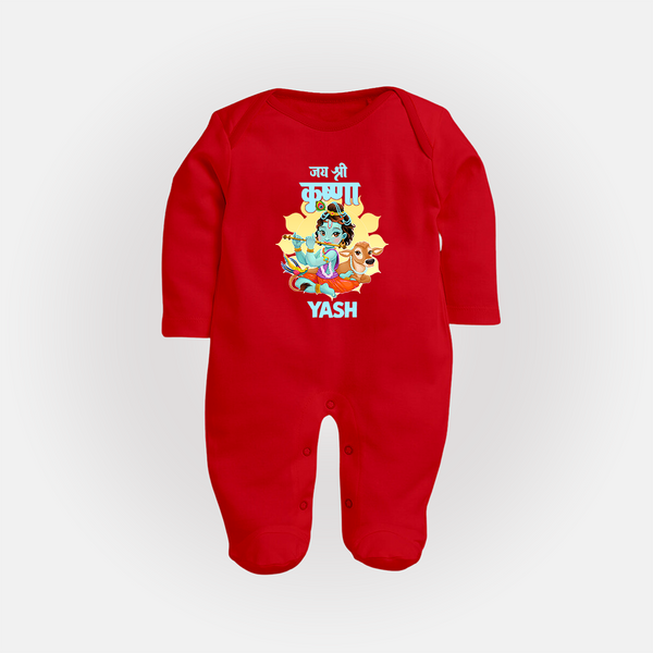 Jai Shri Krishna Sleep Suit / Full Sleeve Bodysuit | Personalized Sleep Suit / Full Sleeve Bodysuit for Krishna's Blessings - RED - New Born (Chest 7.5")