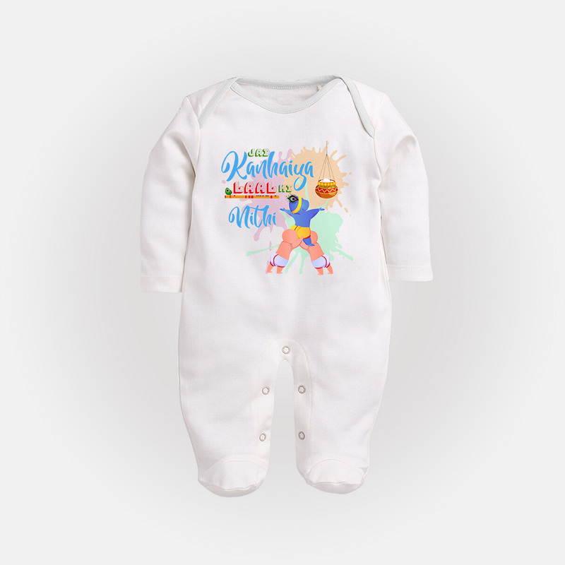 Jai Kanhaiya Laal Ki Sleep Suit | Personalized Baby Sleep Suit for Krishna Lovers - WHITE - New Born (Chest 7.5")