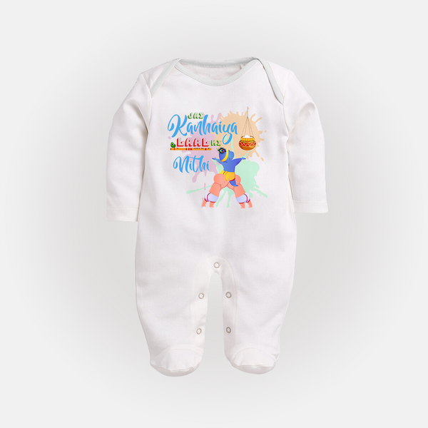 Jai Kanhaiya Laal Ki Sleep Suit | Personalized Baby Sleep Suit for Krishna Lovers - WHITE - New Born (Chest 7.5")