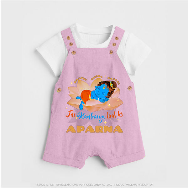 Haathi Ghoda Paalki Jai Kanhaiya Laal Ki Dungaree Set | Custom Baby Dungaree Set for Krishna Celebrations - BABY PINK - 0 - 5 Months Old (Chest 18")