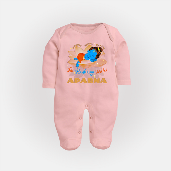 Haathi Ghoda Paalki Jai Kanhaiya Laal Ki Sleep Suit | Custom Baby Sleep Suit for Krishna Celebrations - BABY PINK - New Born (Chest 7.5")
