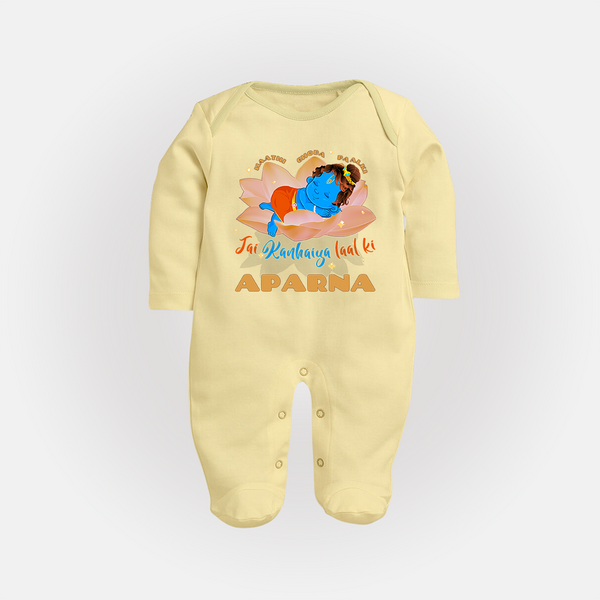 Haathi Ghoda Paalki Jai Kanhaiya Laal Ki Sleep Suit | Custom Baby Sleep Suit for Krishna Celebrations - PASTEL YELLOW - New Born (Chest 7.5")