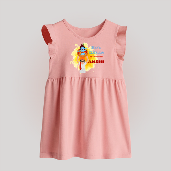 Little Krishna Has Arrived Baby Frock | Personalized Baby Frock for Krishna Devotees - BABY PINK - 0 - 3 Months Old (Chest 17")
