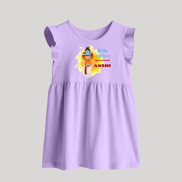 Little Krishna Has Arrived Baby Frock | Personalized Baby Frock for Krishna Devotees - LILAC - 0 - 3 Months Old (Chest 17")