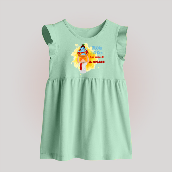 Little Krishna Has Arrived Baby Frock | Personalized Baby Frock for Krishna Devotees - MINT GREEN - 0 - 3 Months Old (Chest 17")