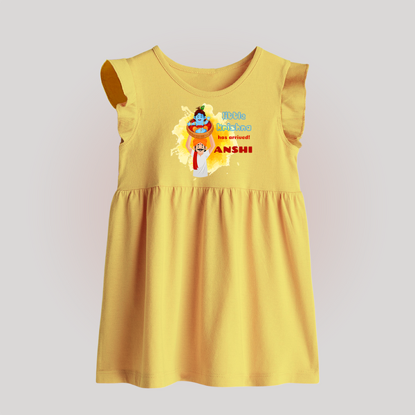 Little Krishna Has Arrived Baby Frock | Personalized Baby Frock for Krishna Devotees - PASTEL YELLOW - 0 - 3 Months Old (Chest 17")