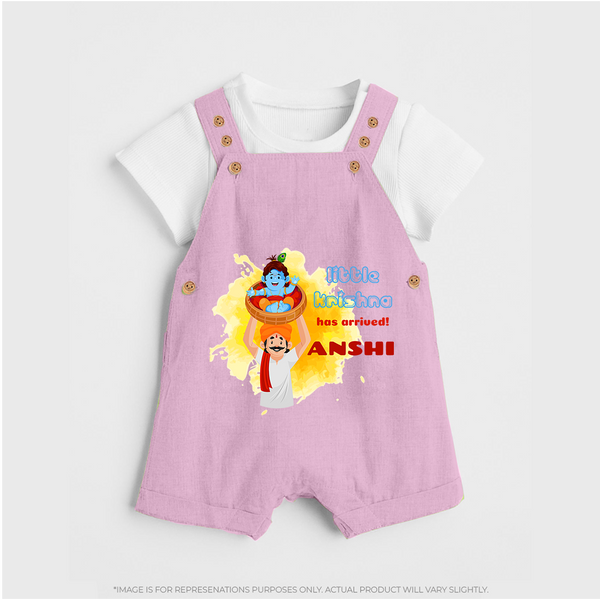 Little Krishna Has Arrived Dungaree Set | Personalized Baby Dungaree Set for Krishna Devotees - BABY PINK - 0 - 5 Months Old (Chest 18")