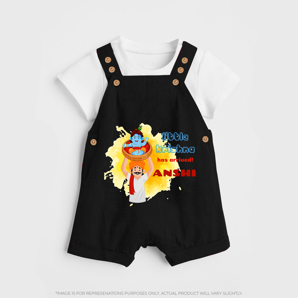 Little Krishna Has Arrived Dungaree Set | Personalized Baby Dungaree Set for Krishna Devotees - BLACK - 0 - 5 Months Old (Chest 18")