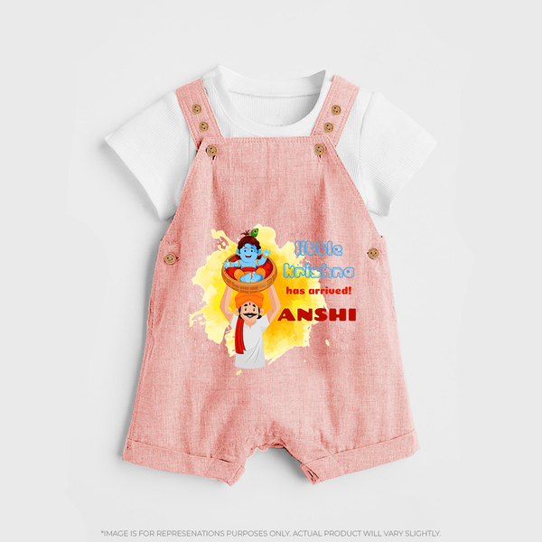 Little Krishna Has Arrived Dungaree Set | Personalized Baby Dungaree Set for Krishna Devotees - PEACH - 0 - 5 Months Old (Chest 18")