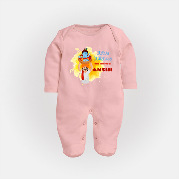 Little Krishna Has Arrived Sleep Suit | Personalized Baby Sleep Suit for Krishna Devotees - BABY PINK - New Born (Chest 7.5")