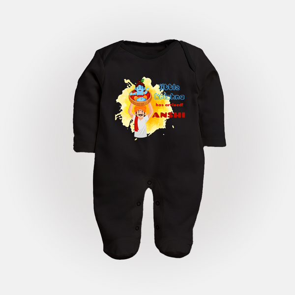 Little Krishna Has Arrived Sleep Suit | Personalized Baby Sleep Suit for Krishna Devotees - BLACK - New Born (Chest 7.5")