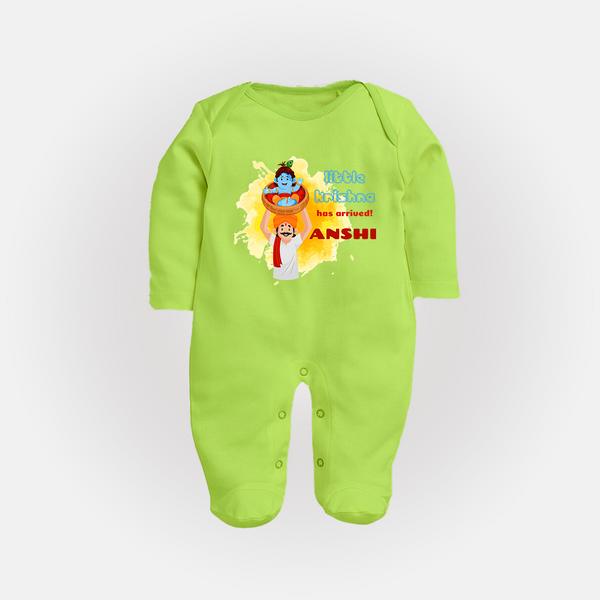 Little Krishna Has Arrived Sleep Suit | Personalized Baby Sleep Suit for Krishna Devotees - LIME GREEN - New Born (Chest 7.5")