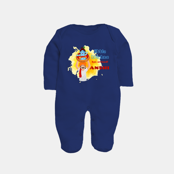 Little Krishna Has Arrived Sleep Suit | Personalized Baby Sleep Suit for Krishna Devotees - NAVY BLUE - New Born (Chest 7.5")