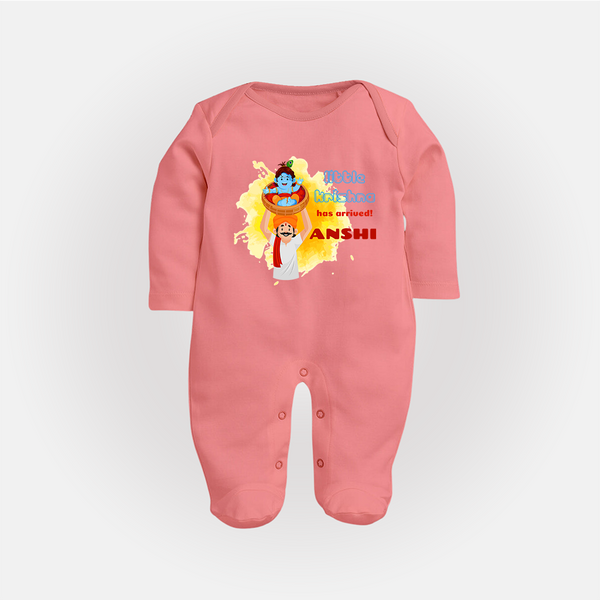 Little Krishna Has Arrived Sleep Suit | Personalized Baby Sleep Suit for Krishna Devotees - PEACH - New Born (Chest 7.5")