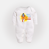 Little Krishna Has Arrived Sleep Suit | Personalized Baby Sleep Suit for Krishna Devotees - WHITE - New Born (Chest 7.5")