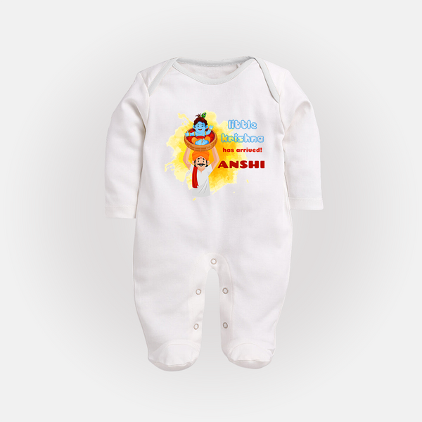 Little Krishna Has Arrived Sleep Suit | Personalized Baby Sleep Suit for Krishna Devotees - WHITE - New Born (Chest 7.5")