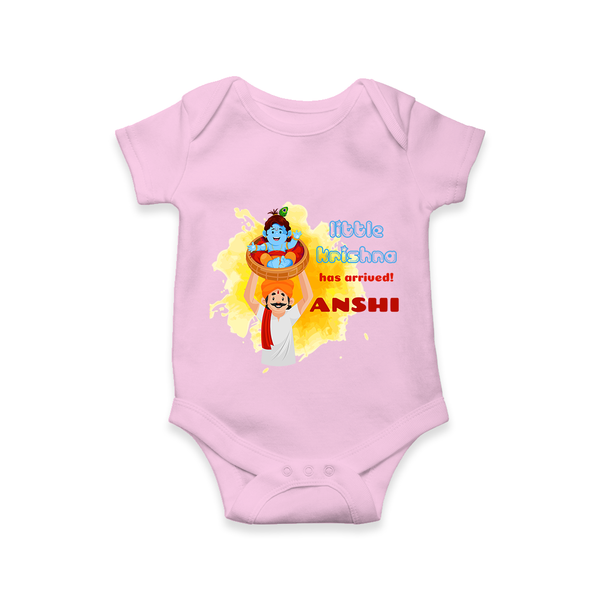 Little Krishna Has Arrived Romper | Personalized Baby Romper for Krishna Devotees - BABY PINK - New Born (Chest 14")