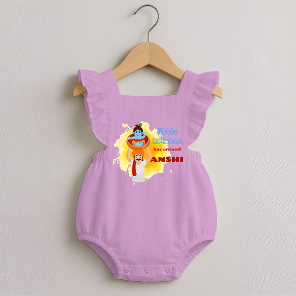 Little Krishna Has Arrived Romper Frock | Personalized Baby Romper Frock for Krishna Devotees - BABY PINK - 0 - 3 Months Old (Chest 19")
