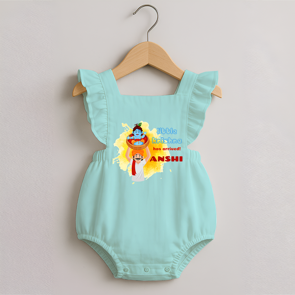 Little Krishna Has Arrived Romper Frock | Personalized Baby Romper Frock for Krishna Devotees - MINT GREEN - 0 - 3 Months Old (Chest 19")