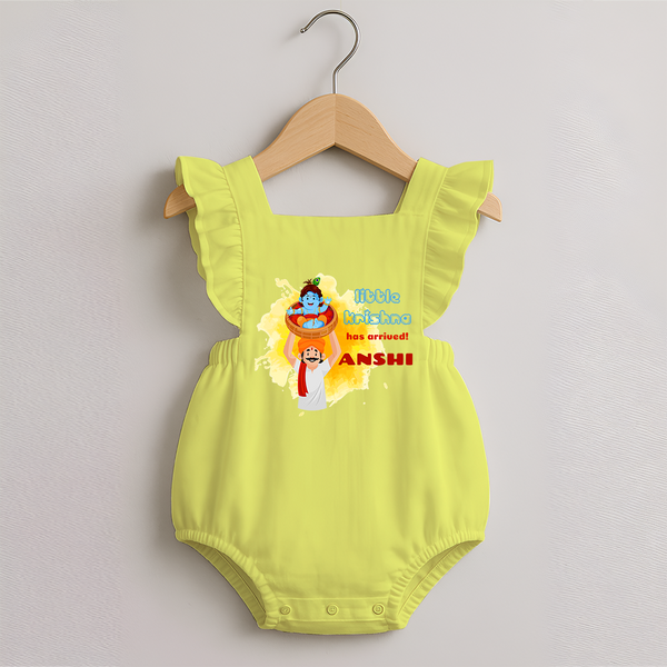 Little Krishna Has Arrived Romper Frock | Personalized Baby Romper Frock for Krishna Devotees - PASTEL YELLOW - 0 - 3 Months Old (Chest 19")