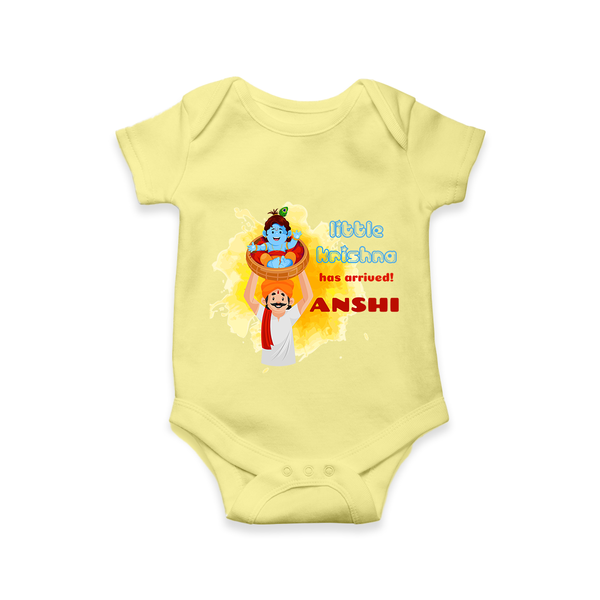 Little Krishna Has Arrived Romper | Personalized Baby Romper for Krishna Devotees - PASTEL YELLOW - New Born (Chest 14")