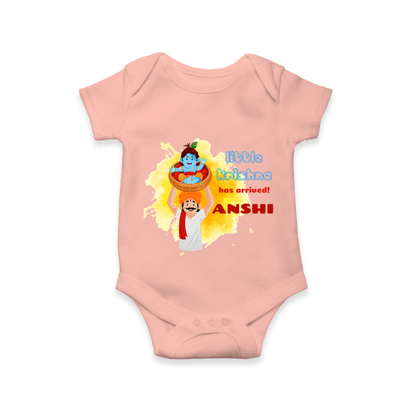 Little Krishna Has Arrived Romper | Personalized Baby Romper for Krishna Devotees - PEACH - New Born (Chest 14")