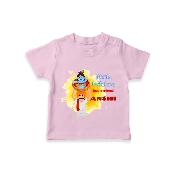 Little Krishna Has Arrived T-Shirt | Personalized Baby T-Shirt for Krishna Devotees - BABY PINK - 0-5 Months Old (Chest 17")
