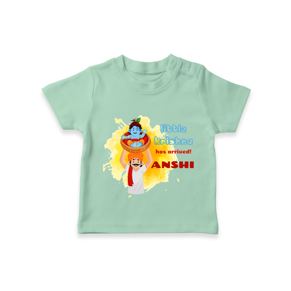 Little Krishna Has Arrived T-Shirt | Personalized Baby T-Shirt for Krishna Devotees - MINT GREEN - 0-5 Months Old (Chest 17")