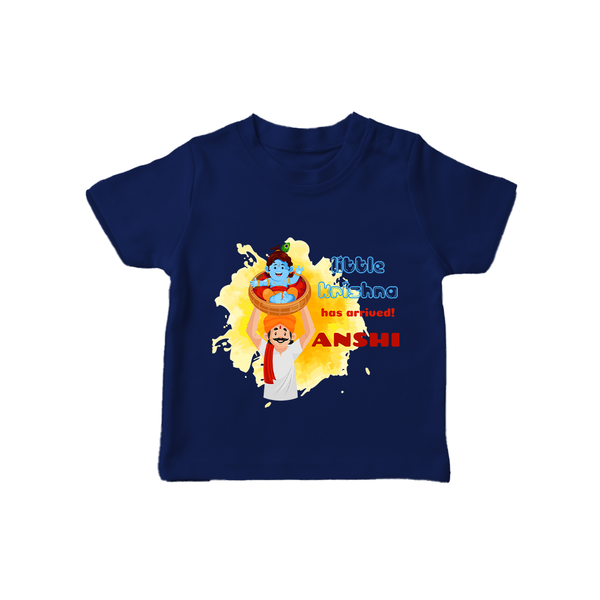 Little Krishna Has Arrived T-Shirt | Personalized Baby T-Shirt for Krishna Devotees - NAVY BLUE - 0-5 Months Old (Chest 17")