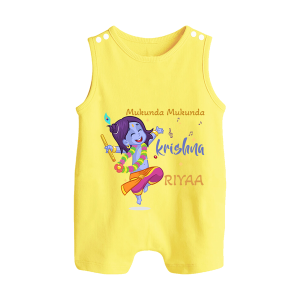 Mukunda Mukunda Krishna Romper Suit | Custom Baby Romper Suit for Krishna Enthusiasts - PASTEL YELLOW - 0 - 5 Months Old (Chest 18")