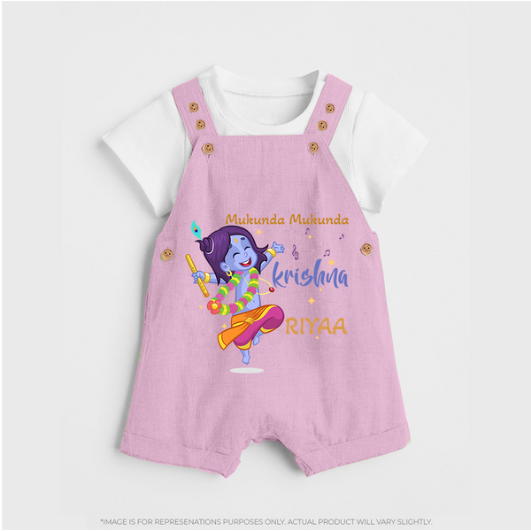 Mukunda Mukunda Krishna Dungaree Set | Custom Baby Dungaree Set for Krishna Enthusiasts - BABY PINK - 0 - 5 Months Old (Chest 18")