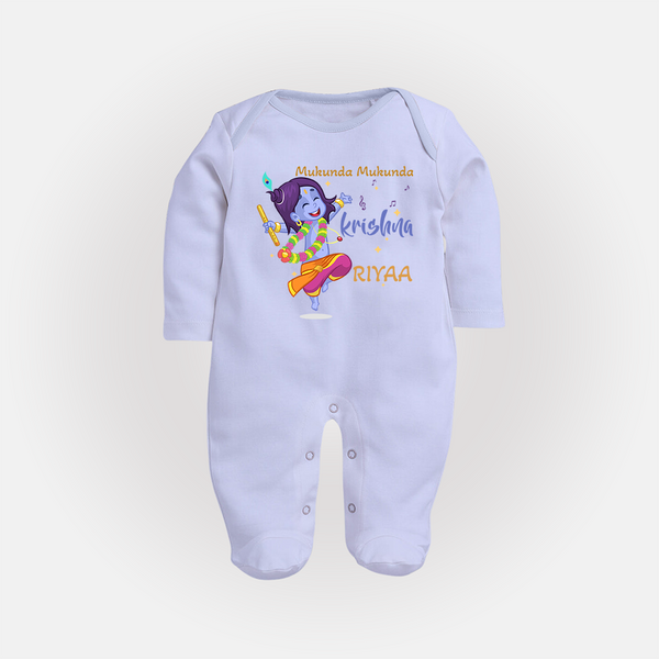 Mukunda Mukunda Krishna Sleep Suit | Custom Baby Sleep Suit for Krishna Enthusiasts - BABY BLUE - New Born (Chest 7.5")
