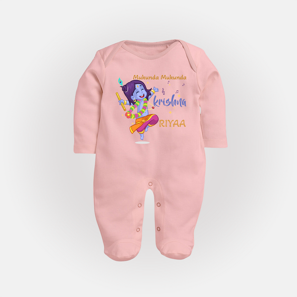 Mukunda Mukunda Krishna Sleep Suit | Custom Baby Sleep Suit for Krishna Enthusiasts - BABY PINK - New Born (Chest 7.5")