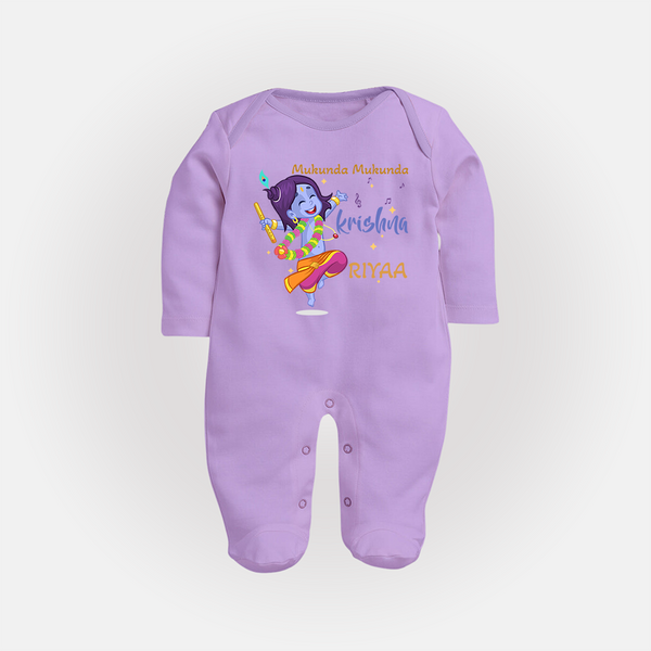 Mukunda Mukunda Krishna Sleep Suit | Custom Baby Sleep Suit for Krishna Enthusiasts - LILAC - New Born (Chest 7.5")