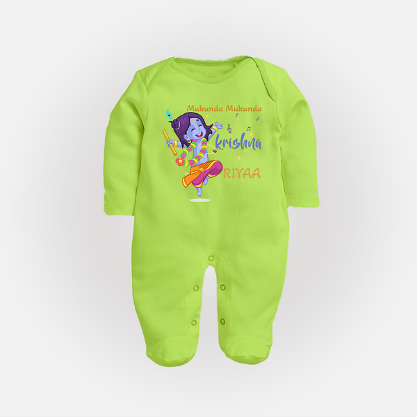 Mukunda Mukunda Krishna Sleep Suit | Custom Baby Sleep Suit for Krishna Enthusiasts - LIME GREEN - New Born (Chest 7.5")