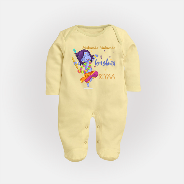 Mukunda Mukunda Krishna Sleep Suit | Custom Baby Sleep Suit for Krishna Enthusiasts - PASTEL YELLOW - New Born (Chest 7.5")