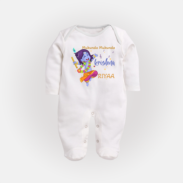 Mukunda Mukunda Krishna Sleep Suit | Custom Baby Sleep Suit for Krishna Enthusiasts - WHITE - New Born (Chest 7.5")