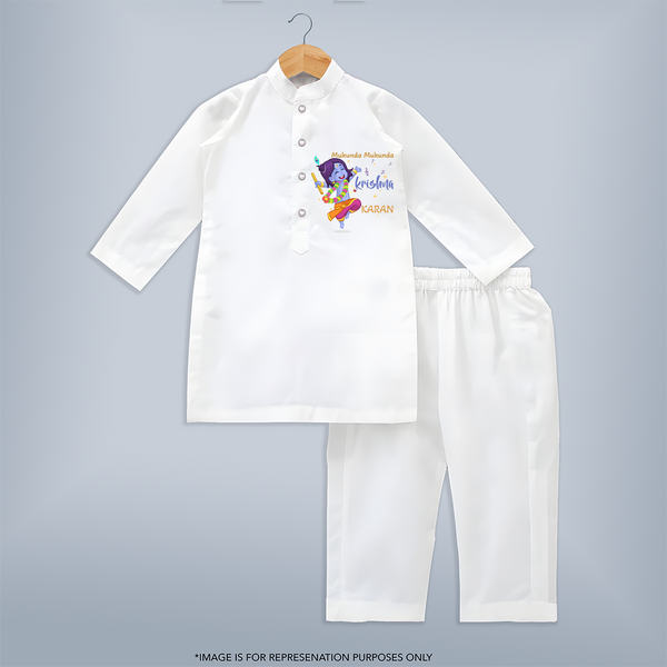 Mukunda Mukunda Krishna Kurta Set | Custom Baby Kurta Set for Krishna Enthusiasts - WHITE - 3 - 6 Months Old (Chest 24", Kurta Length 14'', Waist 19", Pant Length 14")
