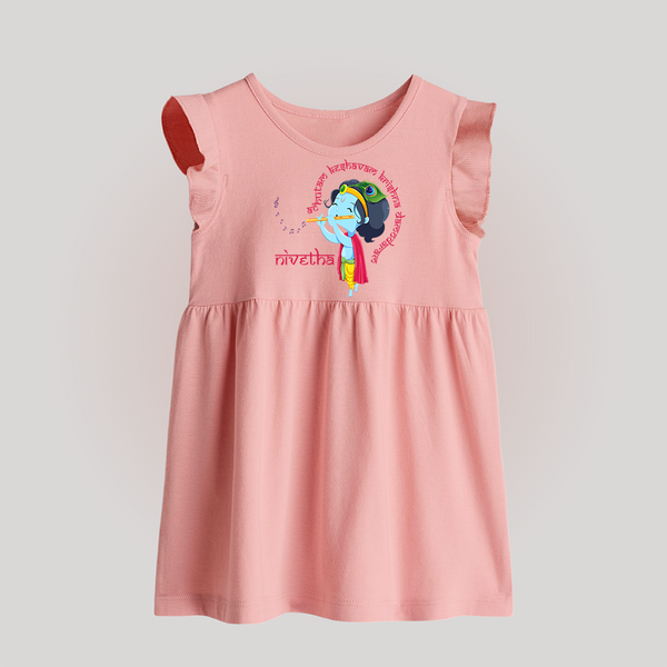 Achyutam Keshavam Krishna Damodaram Baby Frock | Personalized Baby Frock for Krishna Fans - BABY PINK - 0 - 3 Months Old (Chest 17")