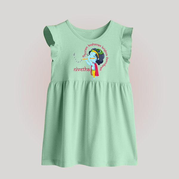 Achyutam Keshavam Krishna Damodaram Baby Frock | Personalized Baby Frock for Krishna Fans - MINT GREEN - 0 - 3 Months Old (Chest 17")
