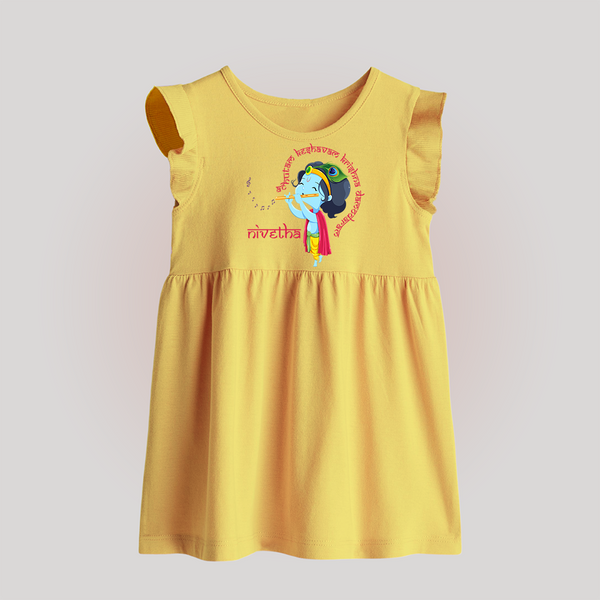 Achyutam Keshavam Krishna Damodaram Baby Frock | Personalized Baby Frock for Krishna Fans - PASTEL YELLOW - 0 - 3 Months Old (Chest 17")