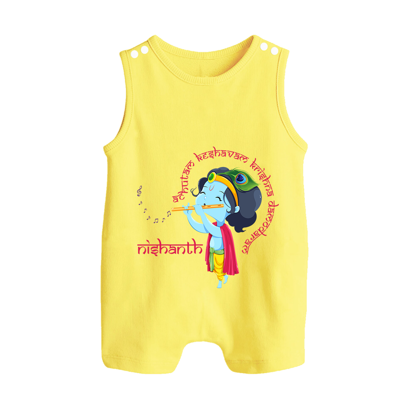 Achyutam Keshavam Krishna Damodaram Romper Suit | Personalized Baby Romper Suit for Krishna Fans - PASTEL YELLOW - 0 - 5 Months Old (Chest 18")