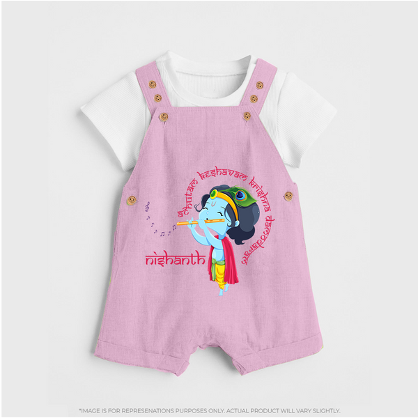 Achyutam Keshavam Krishna Damodaram Dungaree Set | Personalized Baby Dungaree Set for Krishna Fans - BABY PINK - 0 - 5 Months Old (Chest 18")
